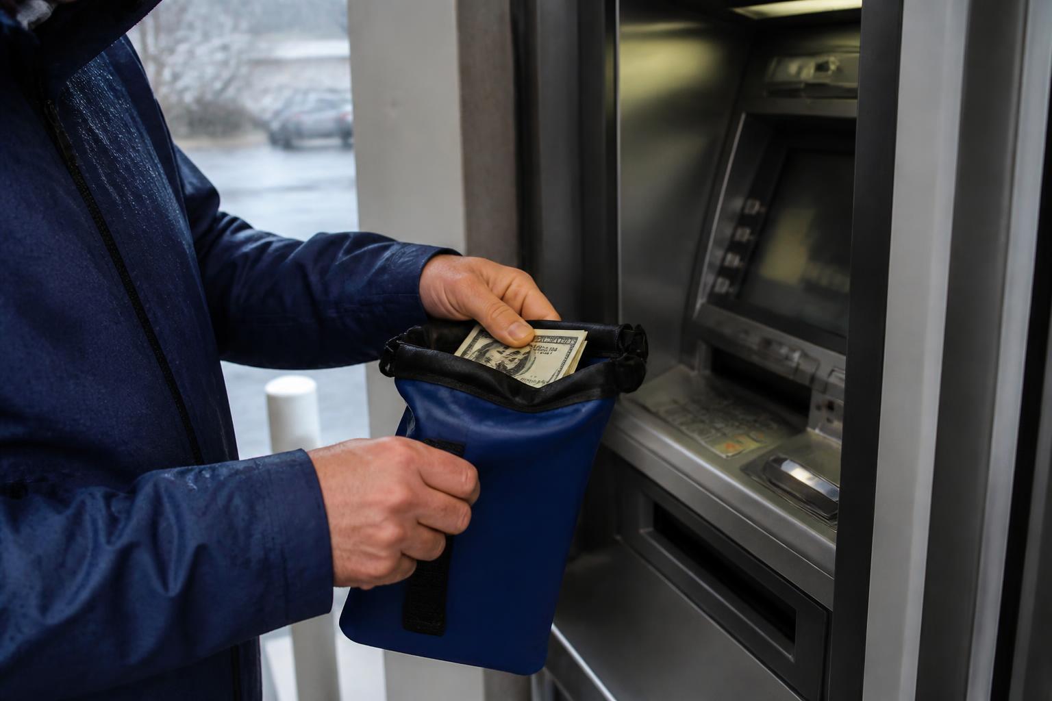 A homeowner putting storm cash into a waterproof pouch near an ATM.