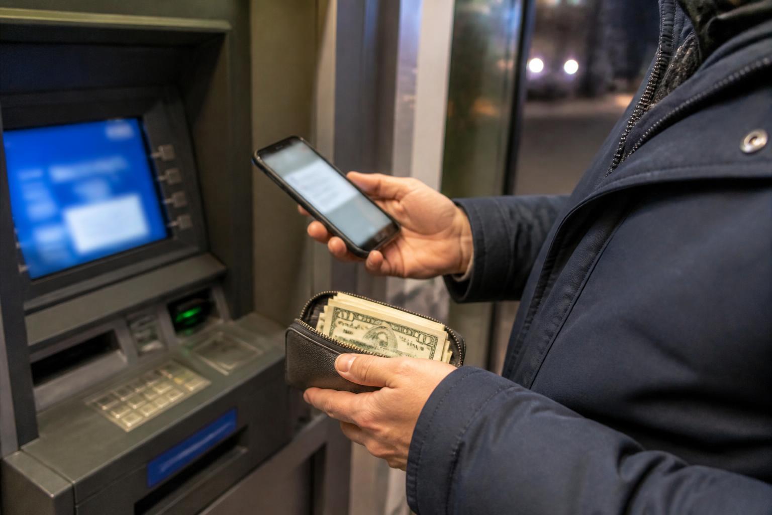 A filer setting aside cash near an ATM while checking refund timing.