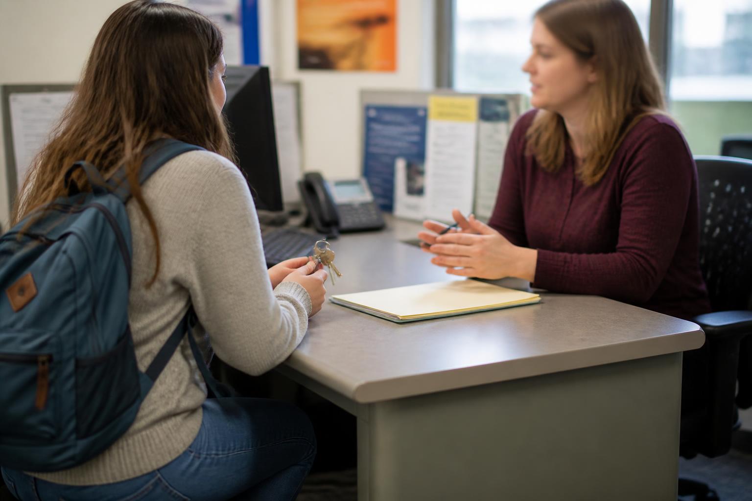 A graduate meeting a counselor about loan repayment before the grace period ends.