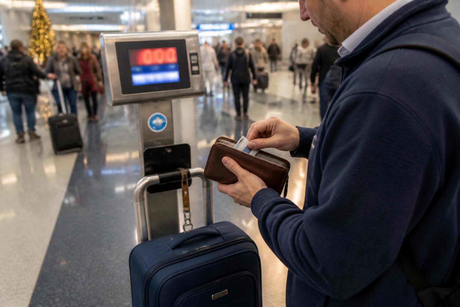 A traveler weighing a carry-on while putting away a travel card.