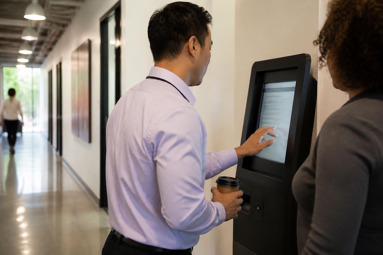 An employee updating a withholding setting at the kiosk while holding a coffee cup instead of paperwork.