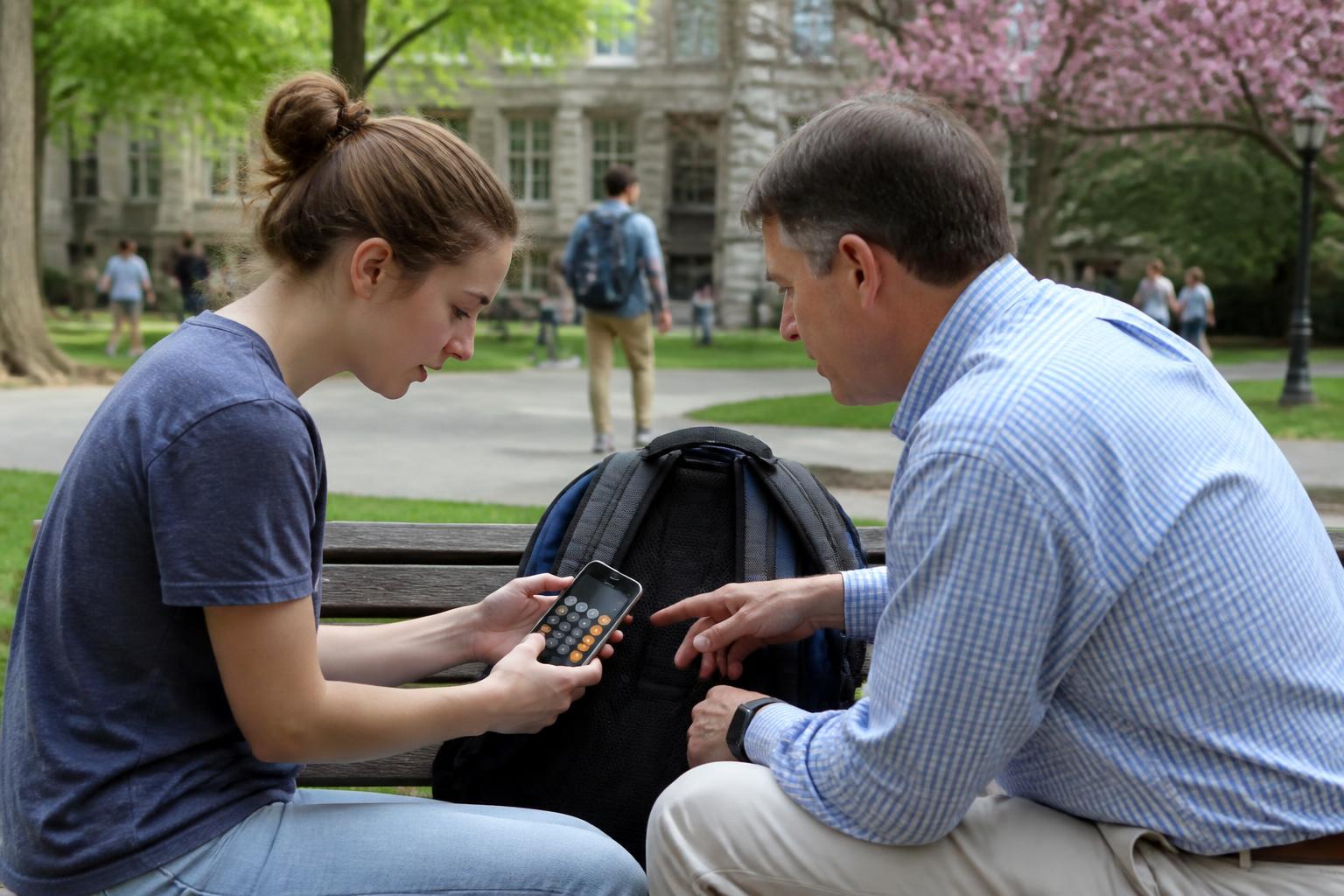 A student and parent comparing a blurred phone calculator with a backpack between them.