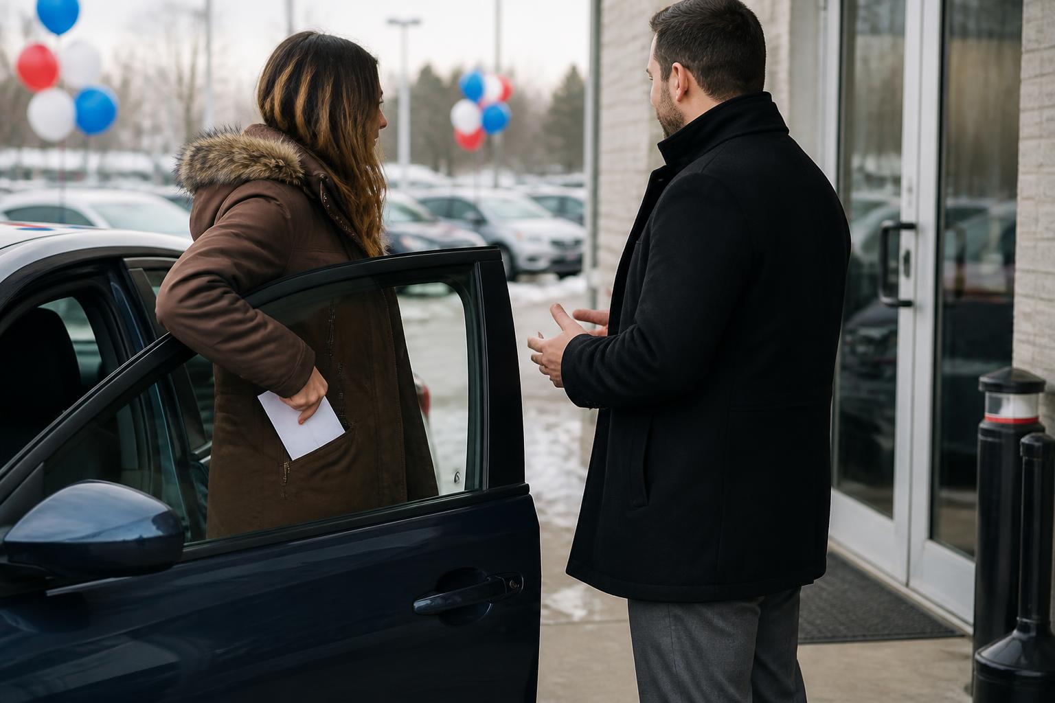 A buyer discussing loan terms beside a car at a winter dealership.