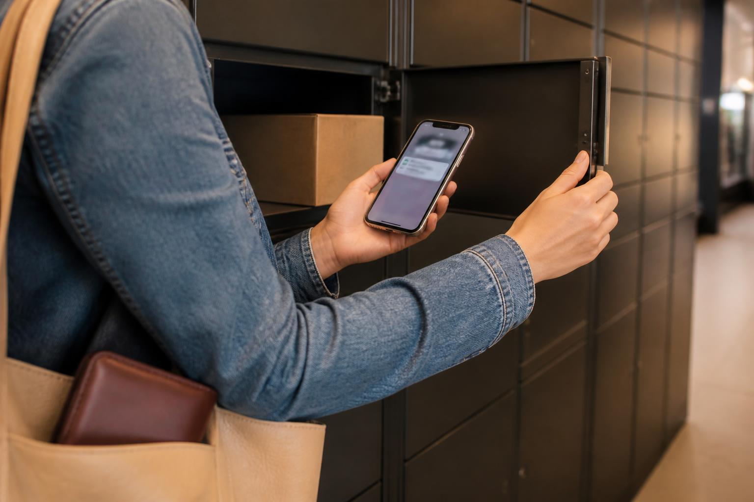 A shopper turning on a card alert near an apartment package locker.