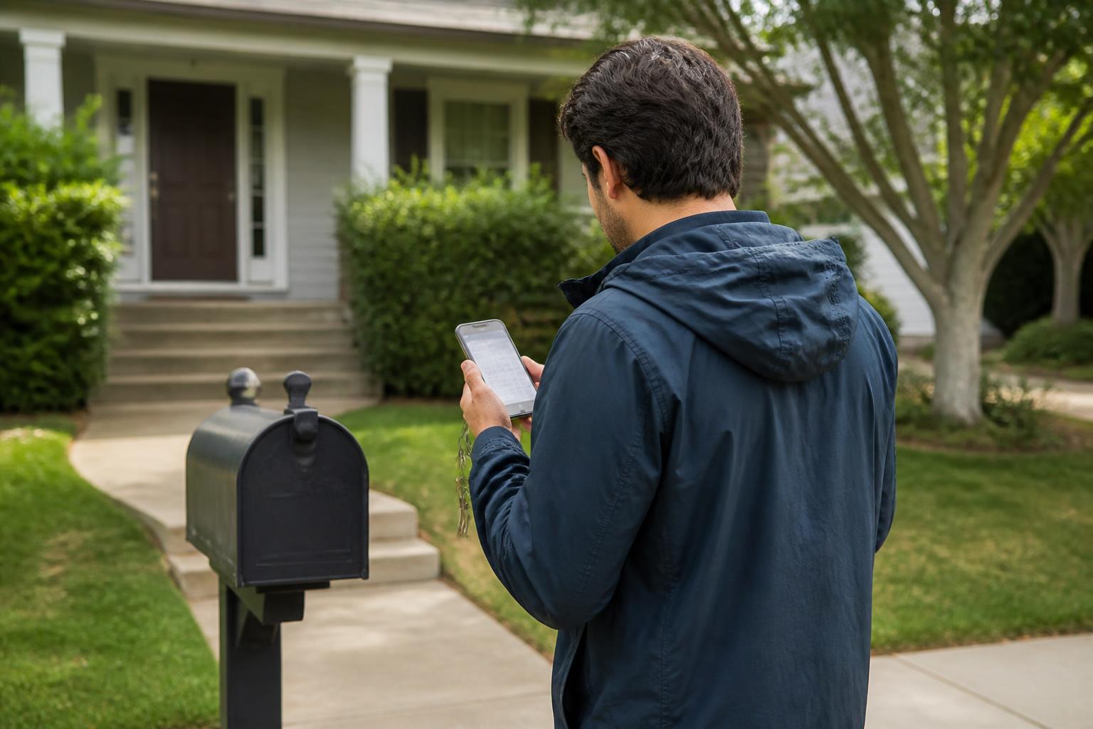 A homeowner pausing near the mailbox while checking a blurred refinance calculator on a phone.