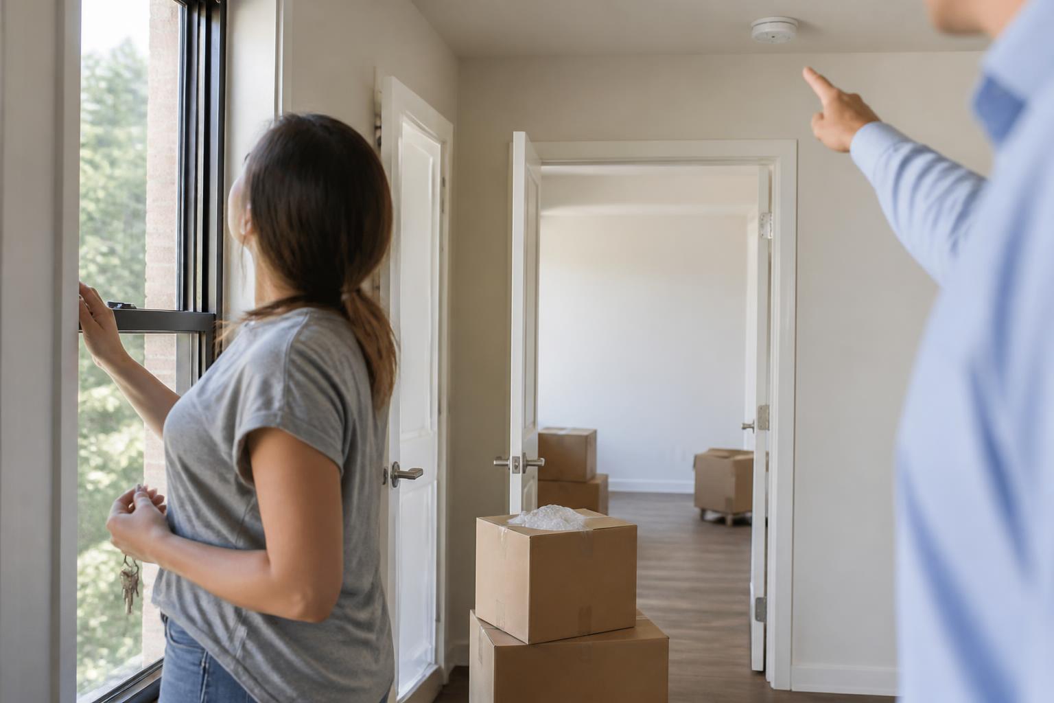 A renter checking window locks and smoke detector while holding keys on a plain key ring.