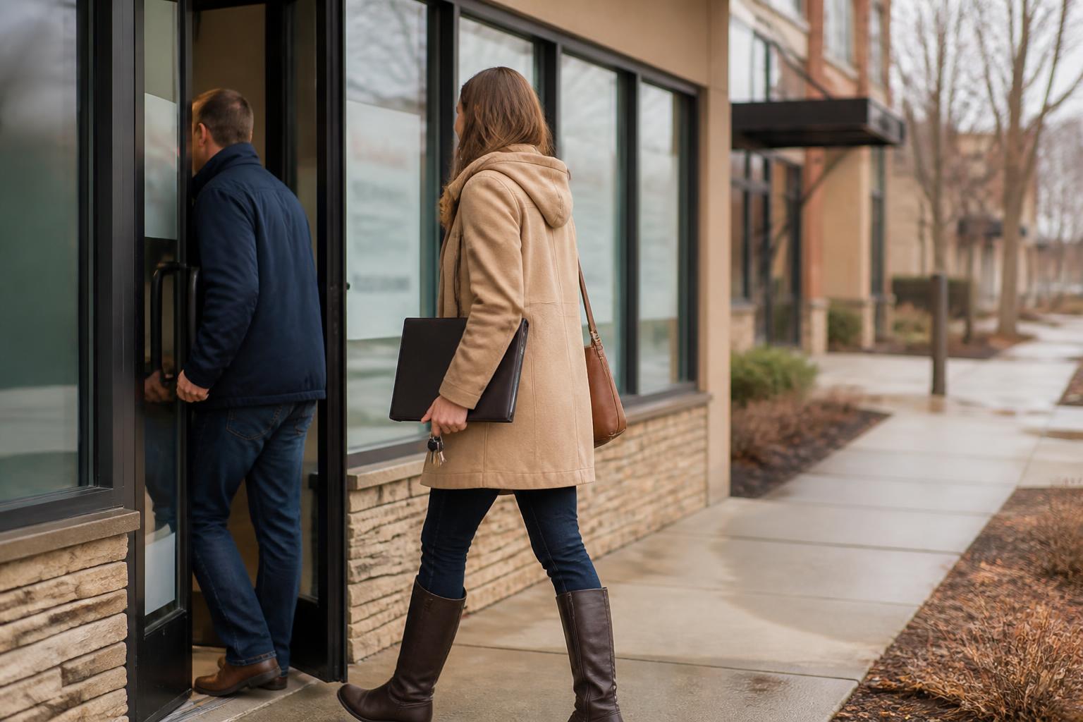 Homebuyers pausing outside a lender office before discussing mortgage insurance.