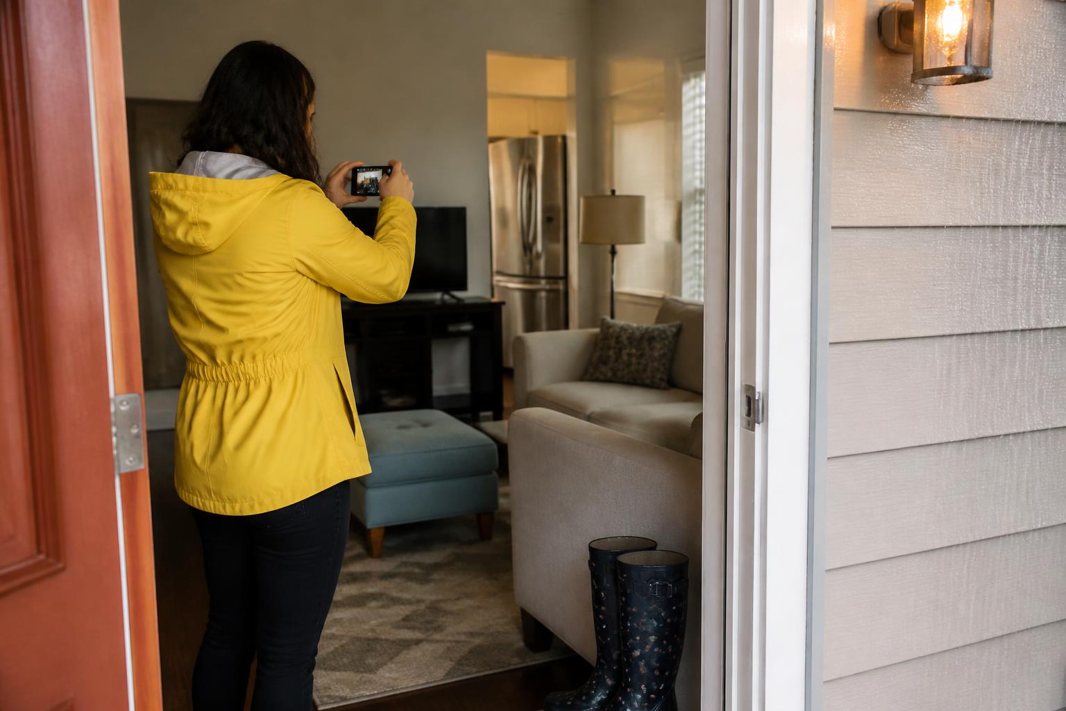 A homeowner photographing household belongings before spring storms.