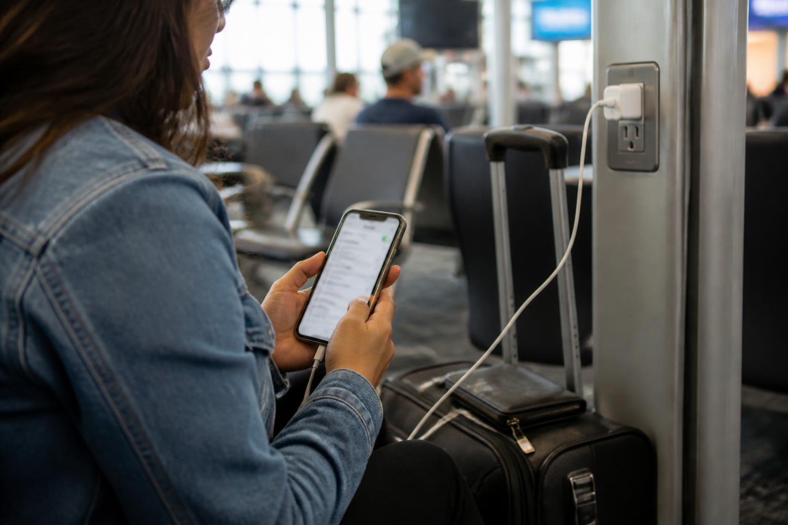 A traveler checking roaming settings at an airport charging area.