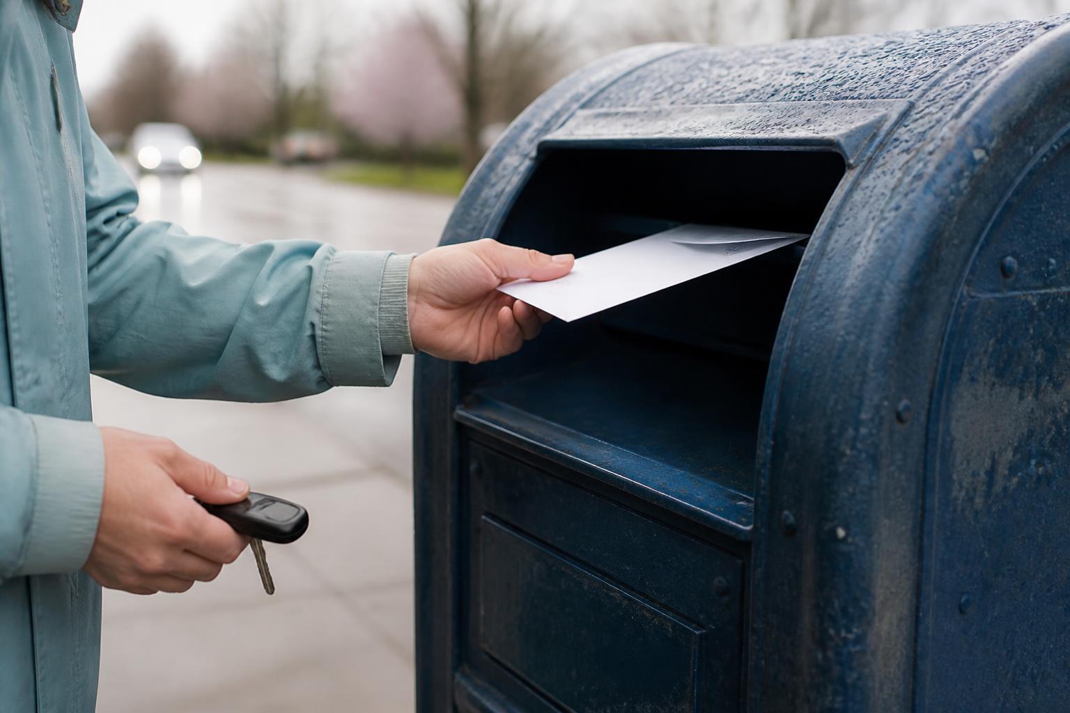 A taxpayer sliding a sealed payment envelope into the collection slot while holding keys in the other hand.