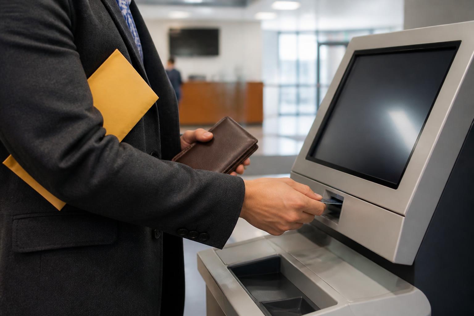 A cardholder making a payment at a bank branch kiosk.
