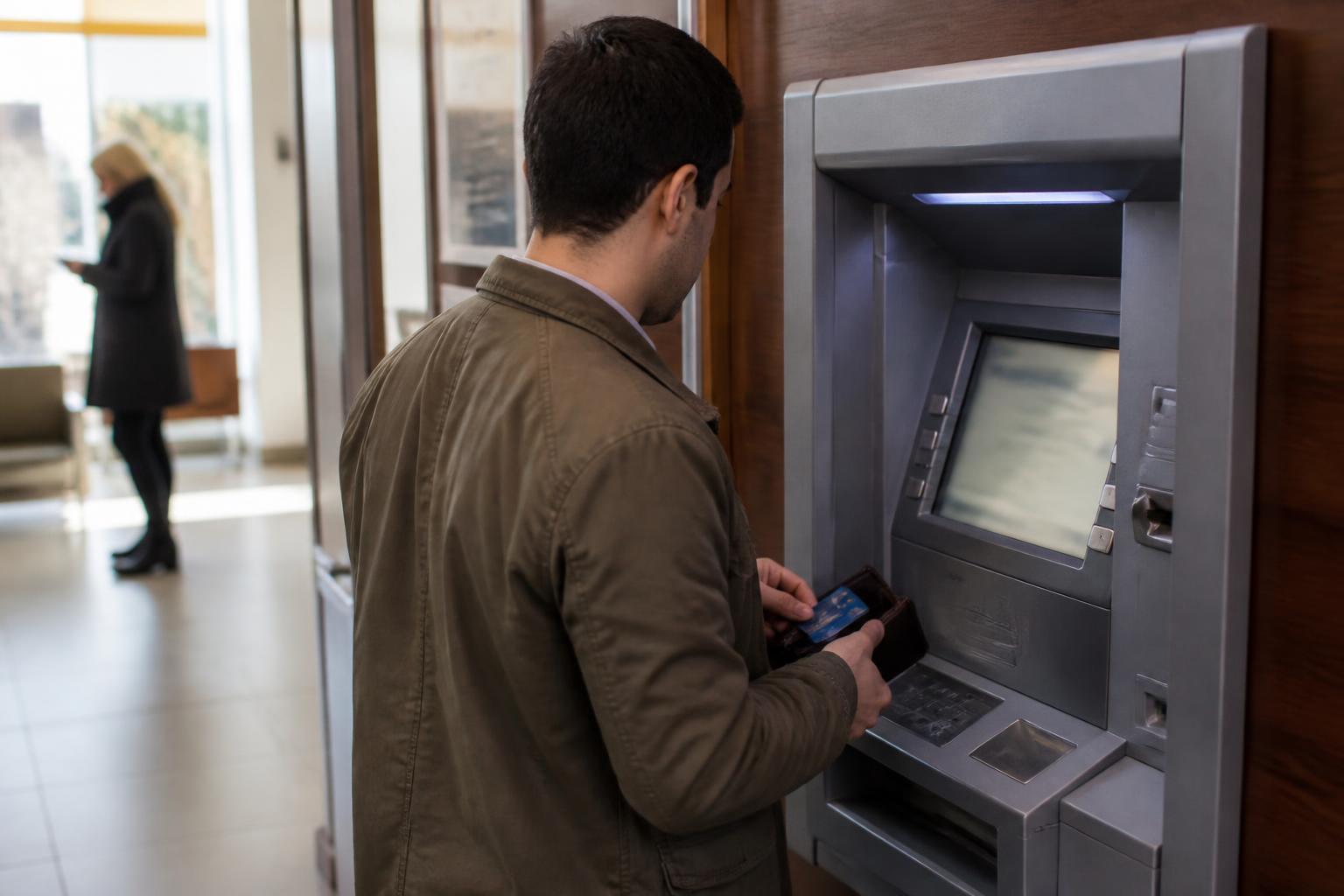 A saver checking an account balance at the ATM while moving a debit card back into a wallet.