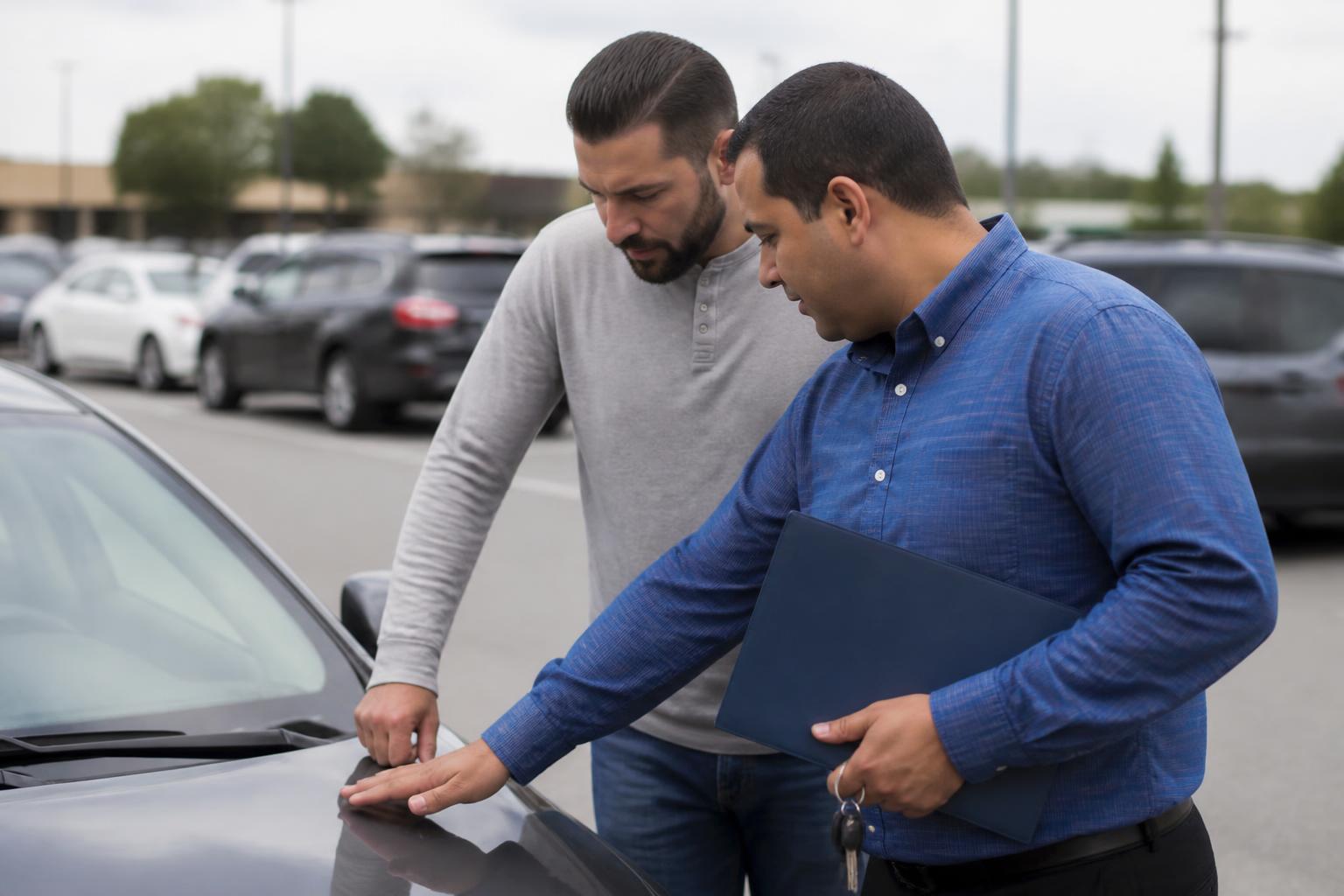 A buyer inspecting a used car while keeping loan terms in view.