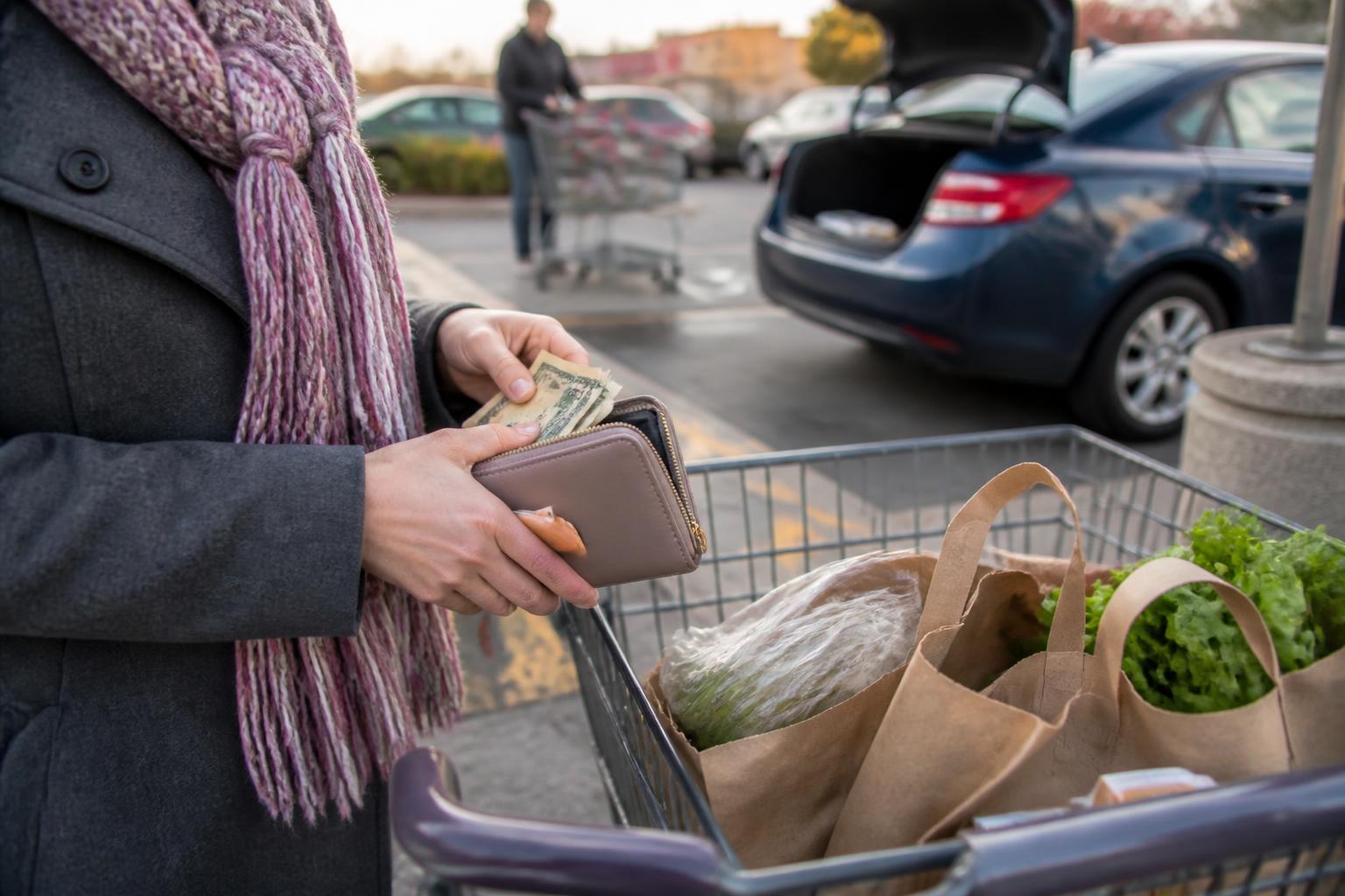 A shopper setting aside cash after loading groceries.