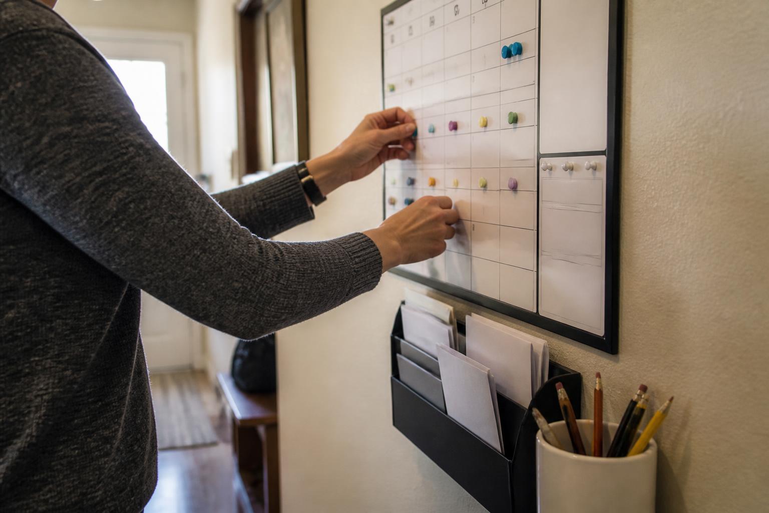 A person moving blank color magnets on a hallway bill calendar.