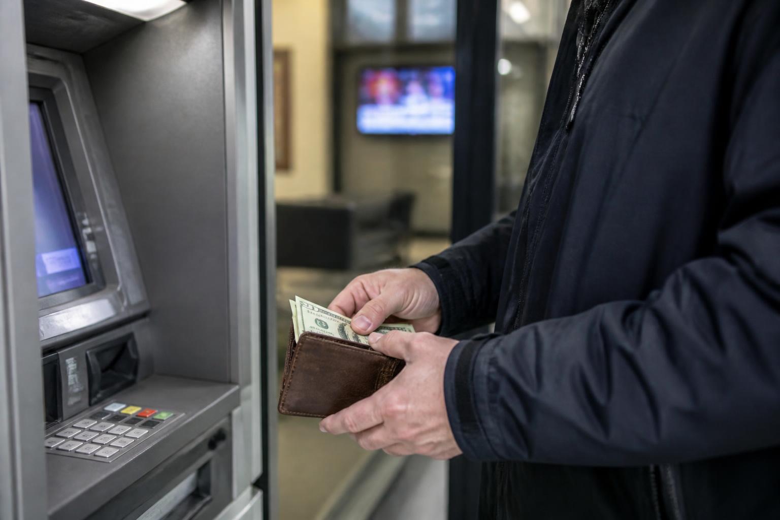 A saver using an ATM while keeping emergency cash separate from election-week noise.