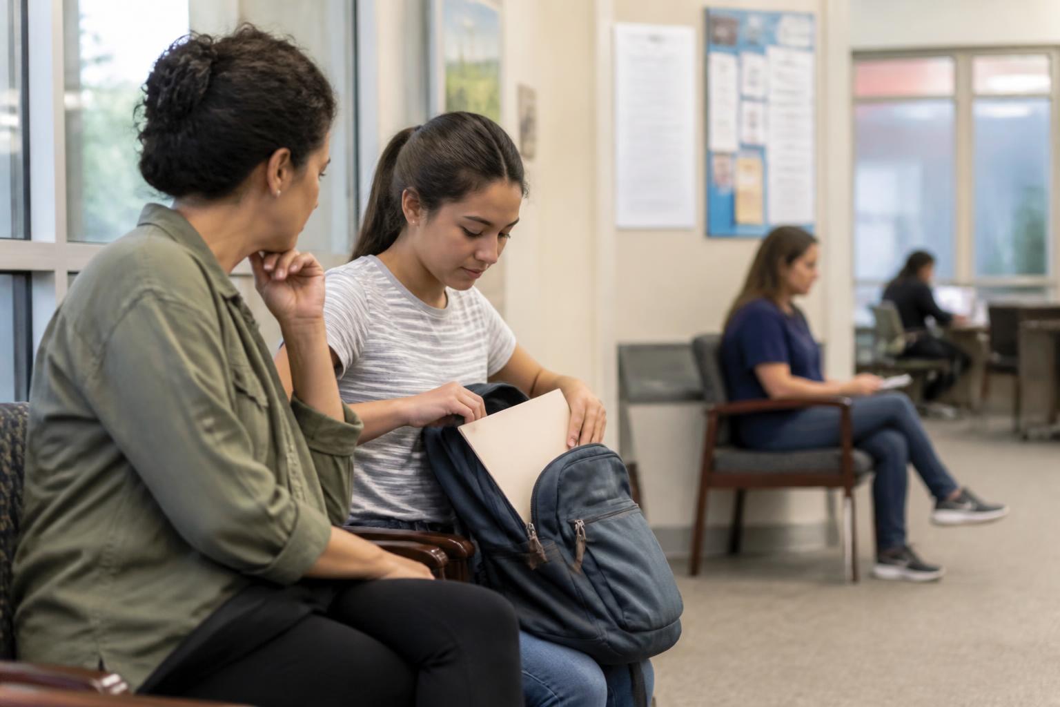 A student zipping a financial-aid folder into a backpack before a FAFSA conversation.