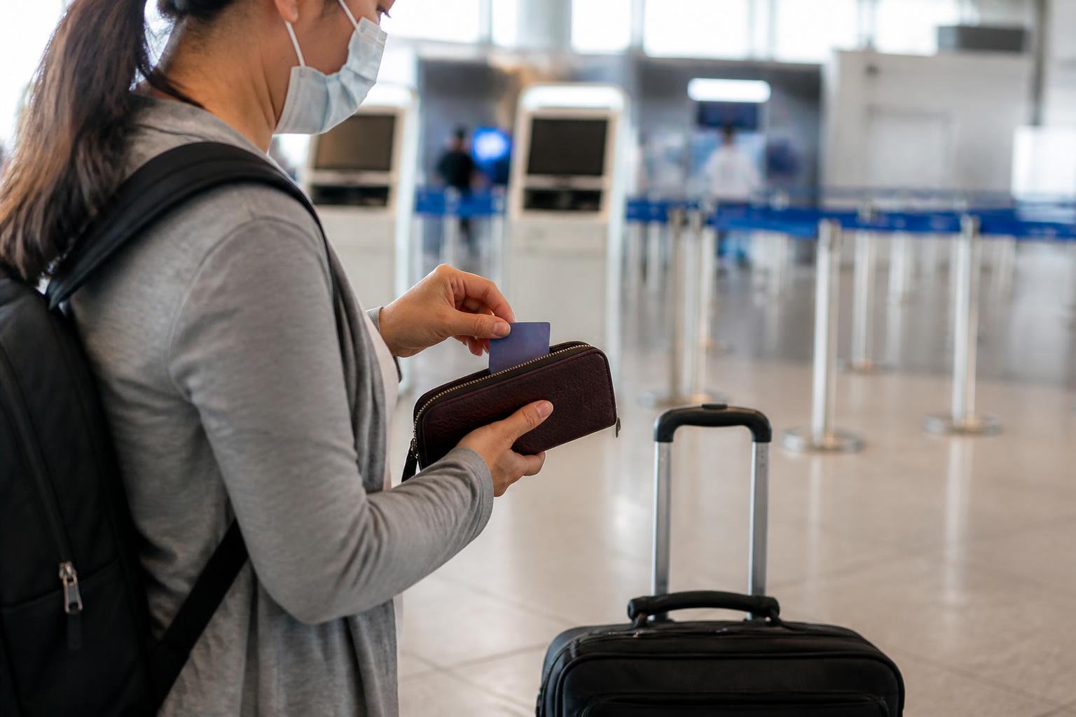 A traveler putting away a card while standing with luggage in an airport.