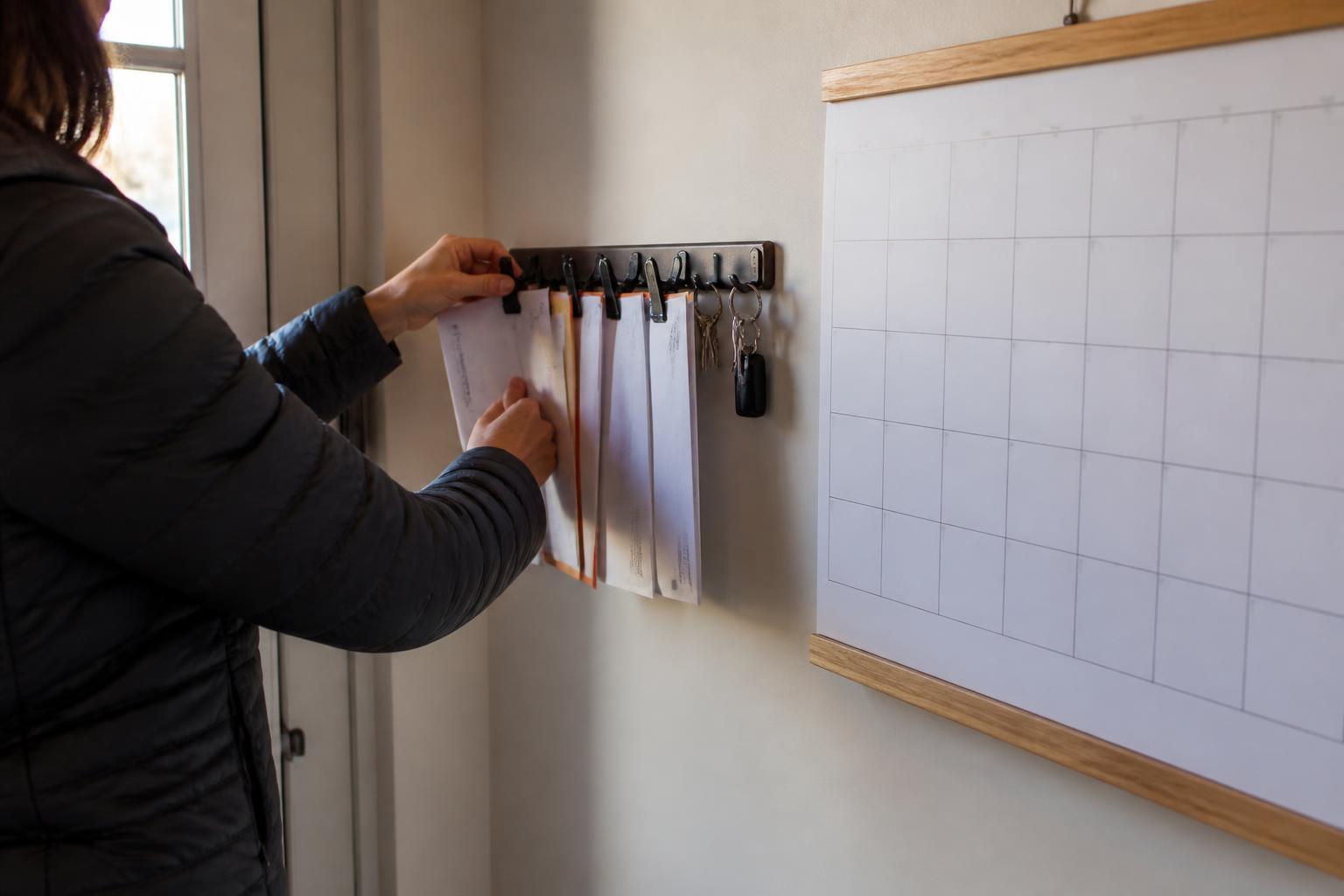 A person clipping sealed envelopes beside a household bill calendar.