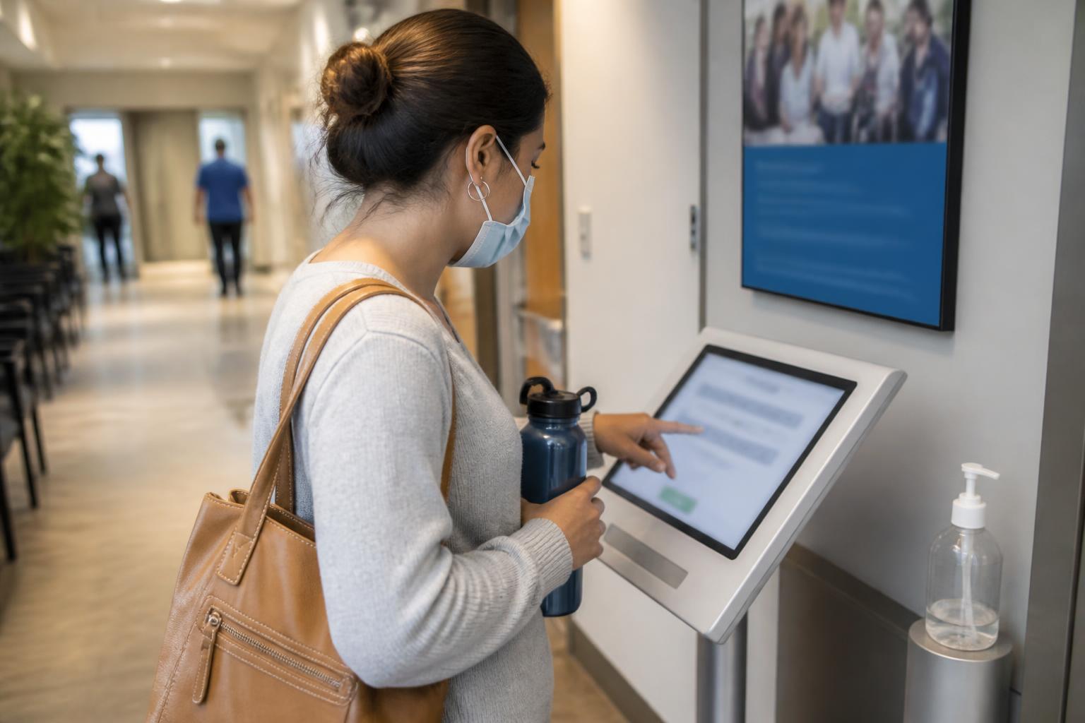 An employee using a workplace benefits kiosk during open enrollment.