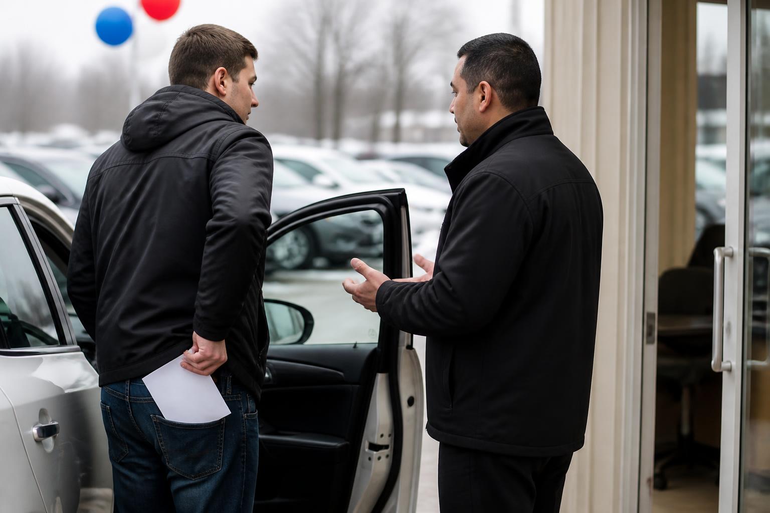 A buyer discussing loan terms beside a car at a winter dealership.