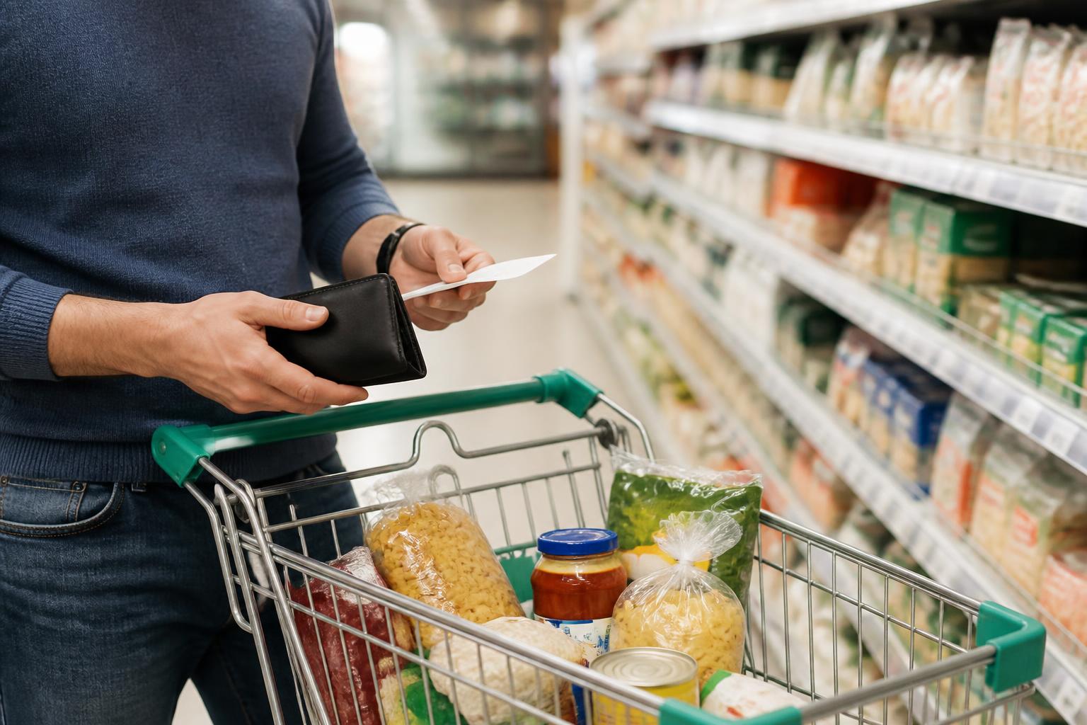 A shopper comparing grocery staples while keeping December cash in mind.
