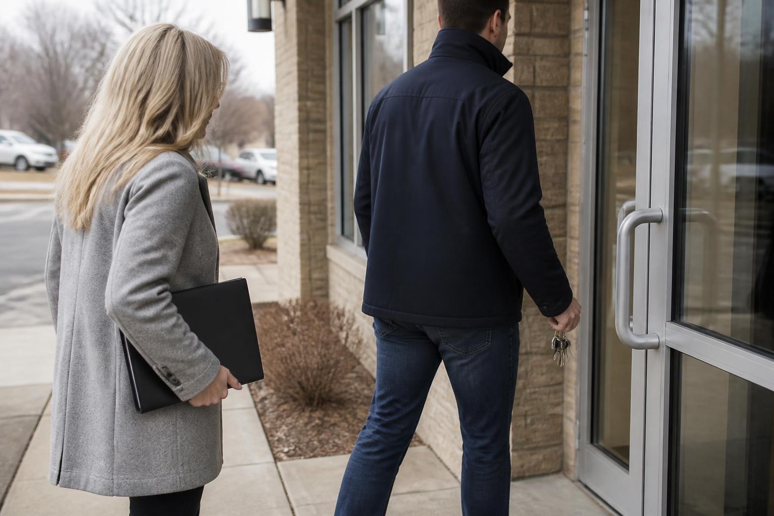 Homebuyers pausing outside a lender office before setting a mortgage payment limit.