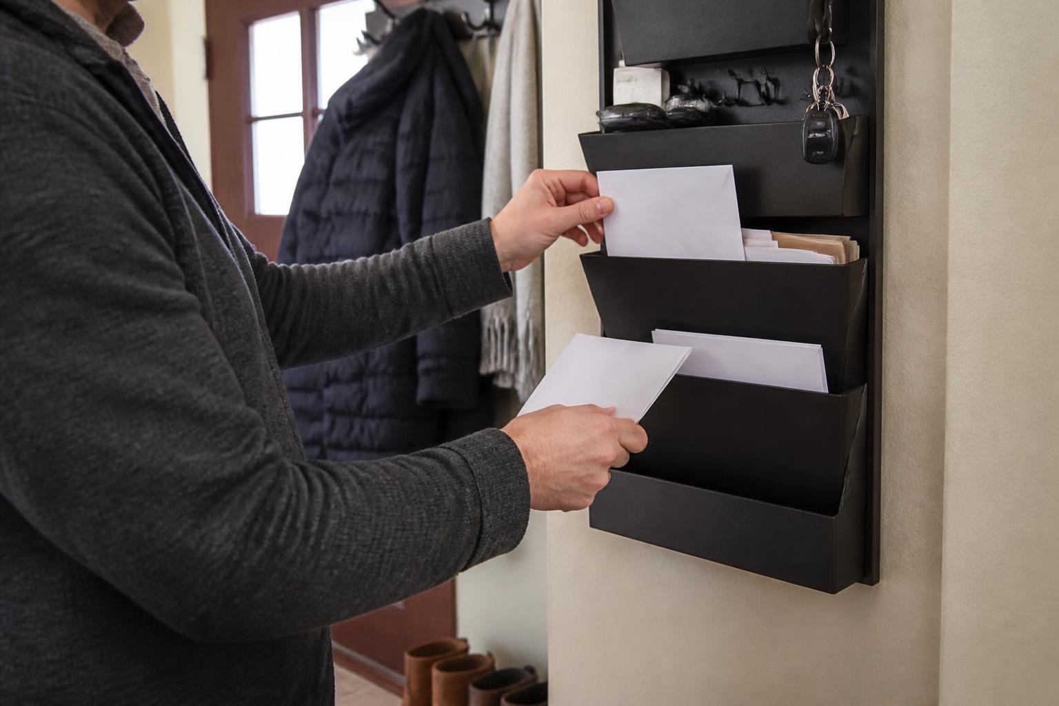A person sorting household bills into an entryway wall organizer.