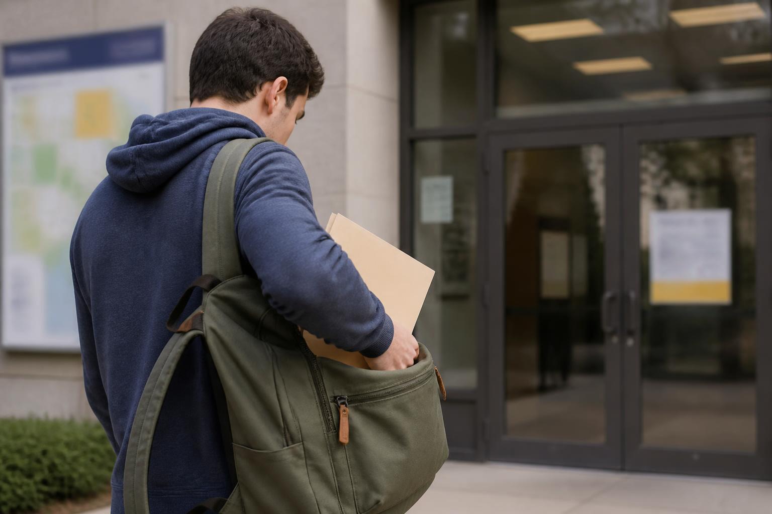 A borrower putting a student-loan folder into a backpack outside a financial-aid office.
