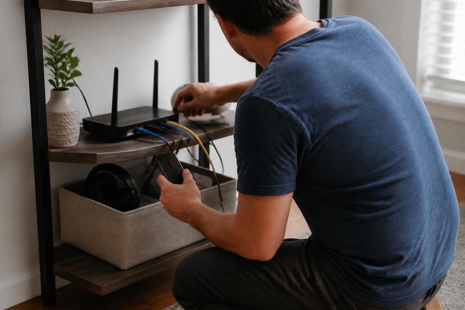 A teleworker adjusting a home router while reviewing work-related connectivity costs.