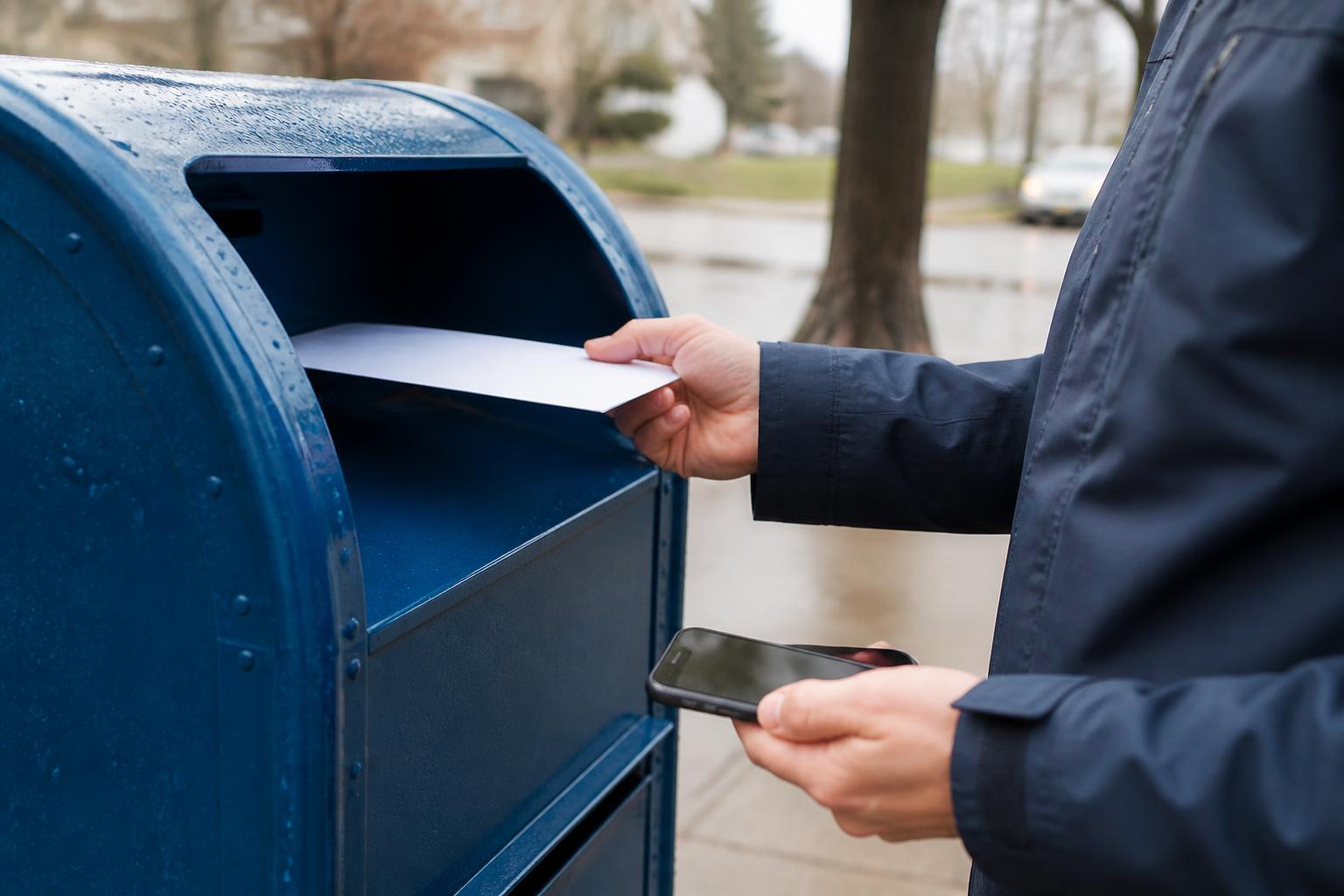 A taxpayer mailing a sealed tax payment envelope at an outdoor mailbox.