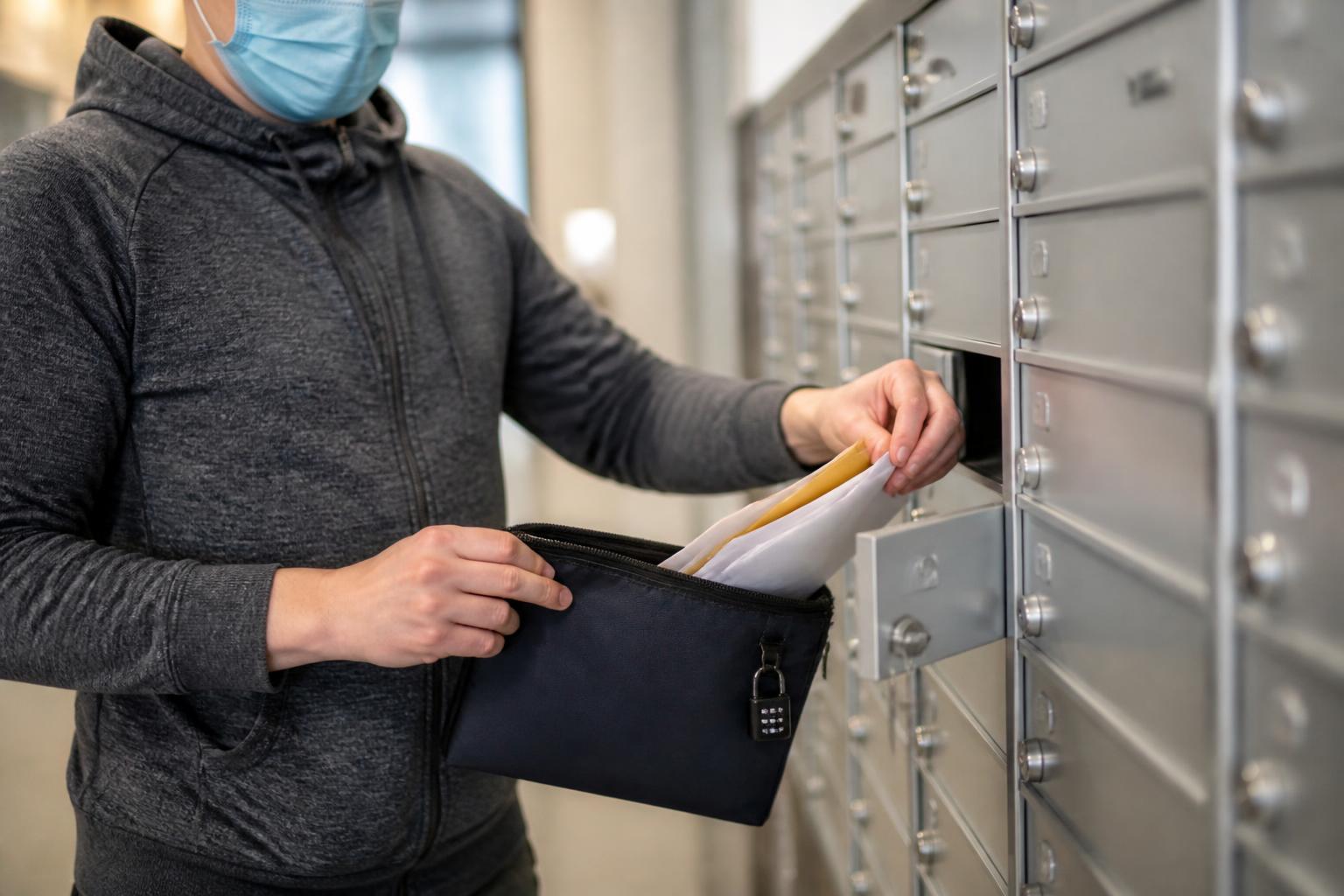 A resident locking mail in a file pouch as part of an identity-theft routine.
