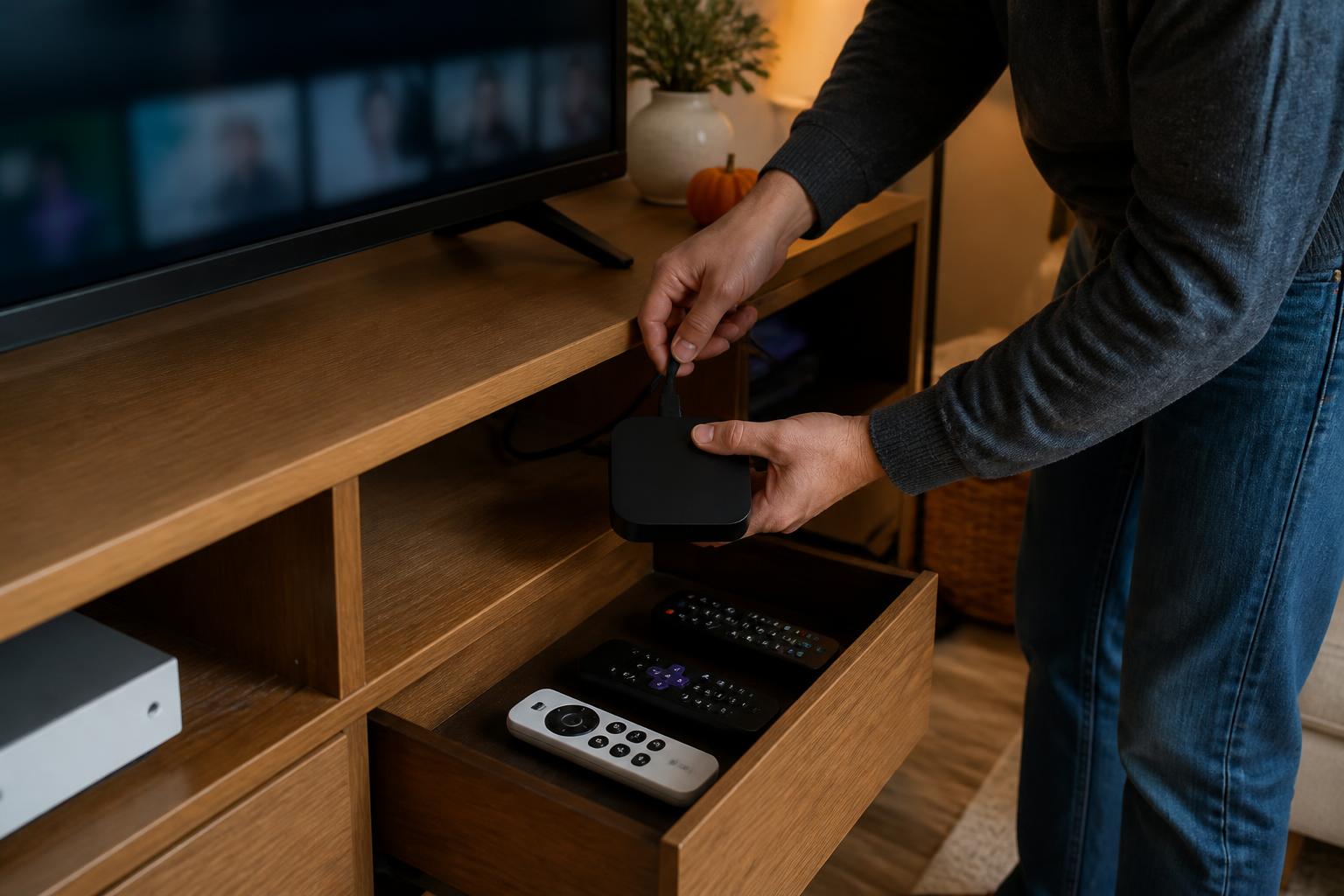 A person unplugging a streaming device during a subscription review.