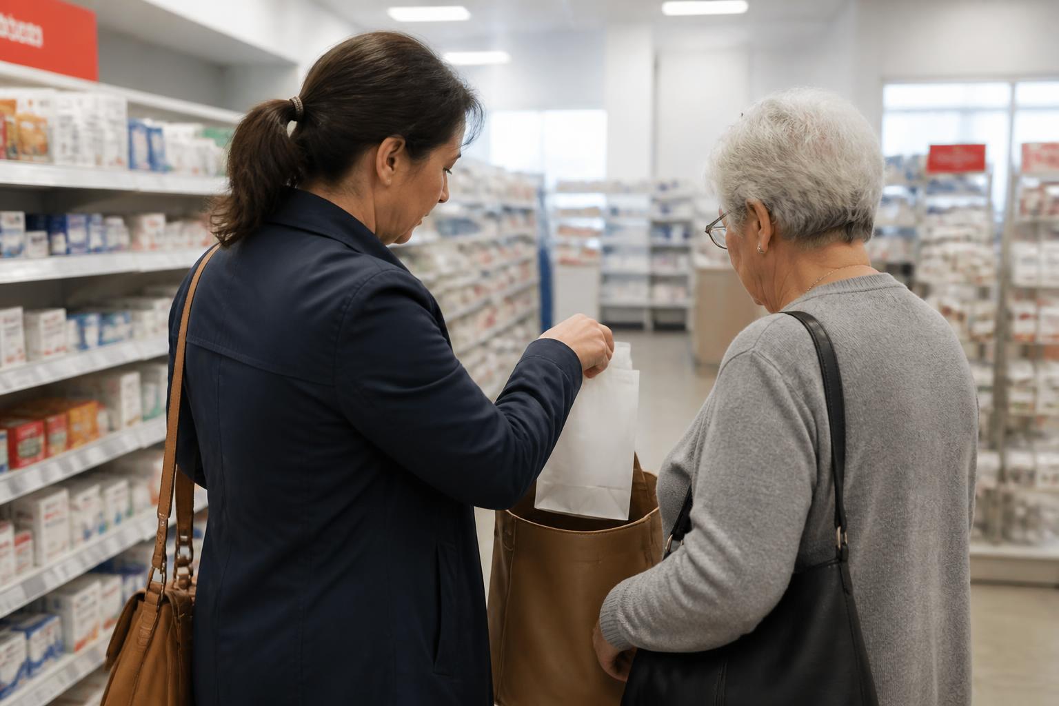 An adult helping an older relative carry a pharmacy bag.