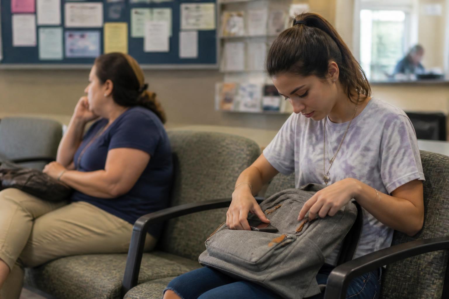 A student zipping a backpack in a financial-aid waiting area.