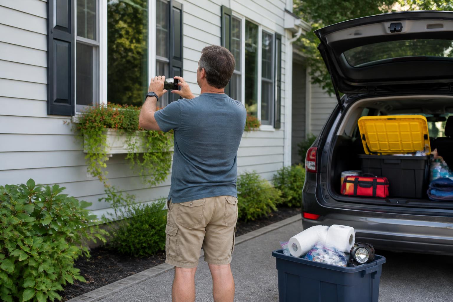 A homeowner photographing the exterior while preparing a storm tote.