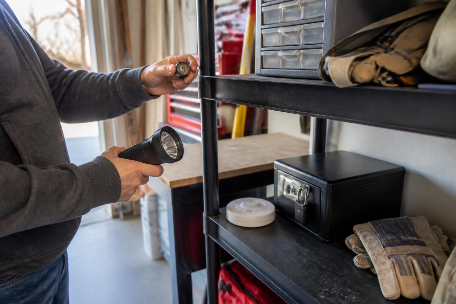 A homeowner checking an emergency shelf for deductible planning.