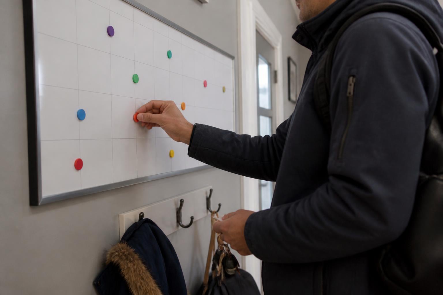 A person moving color dots on a blank hallway planning board.