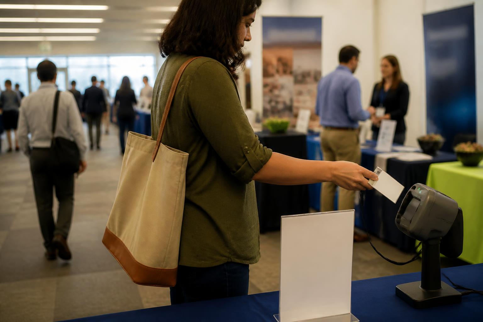 An employee walking through a benefits fair during open enrollment.