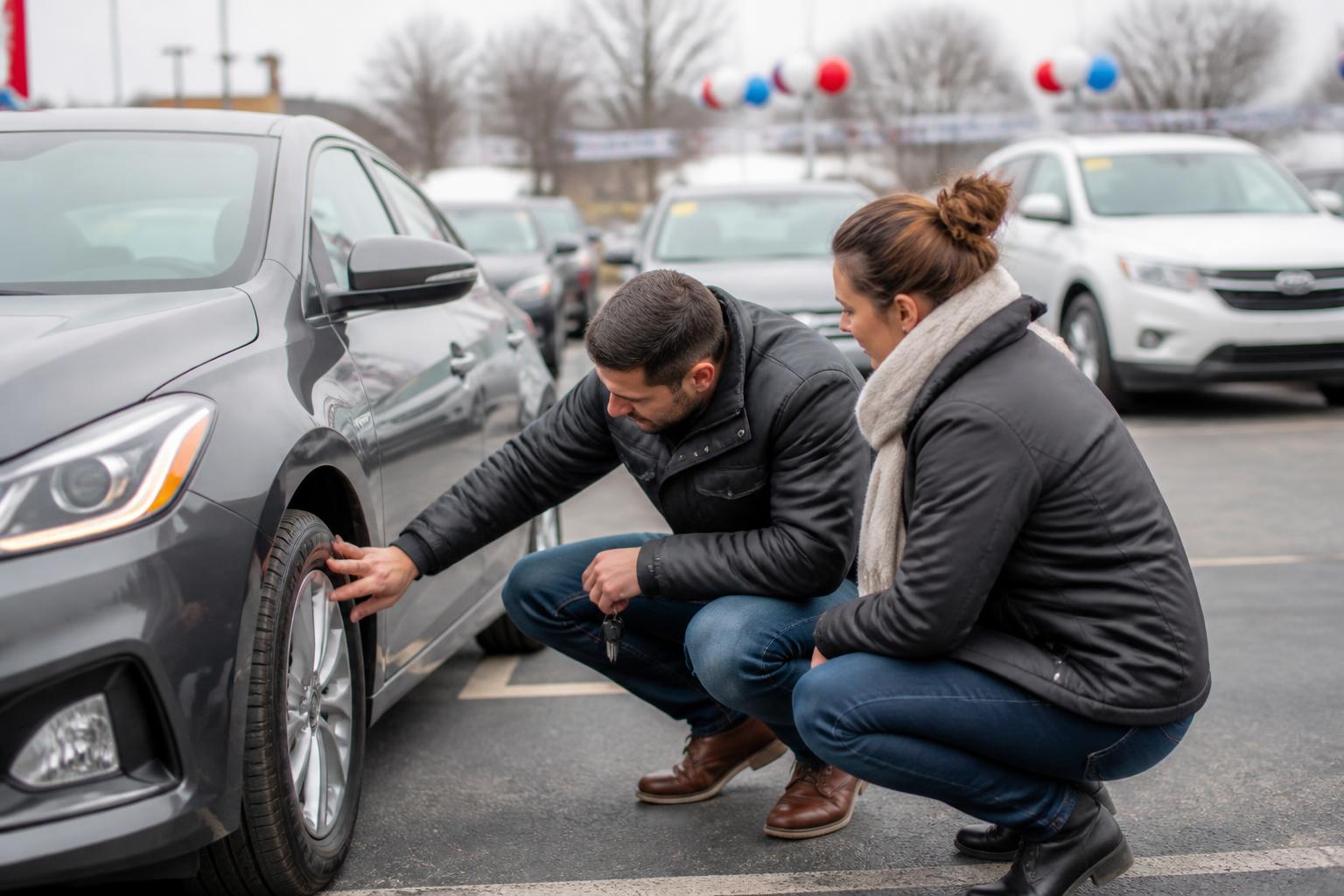 A buyer inspecting a tire during Presidents Day car shopping.
