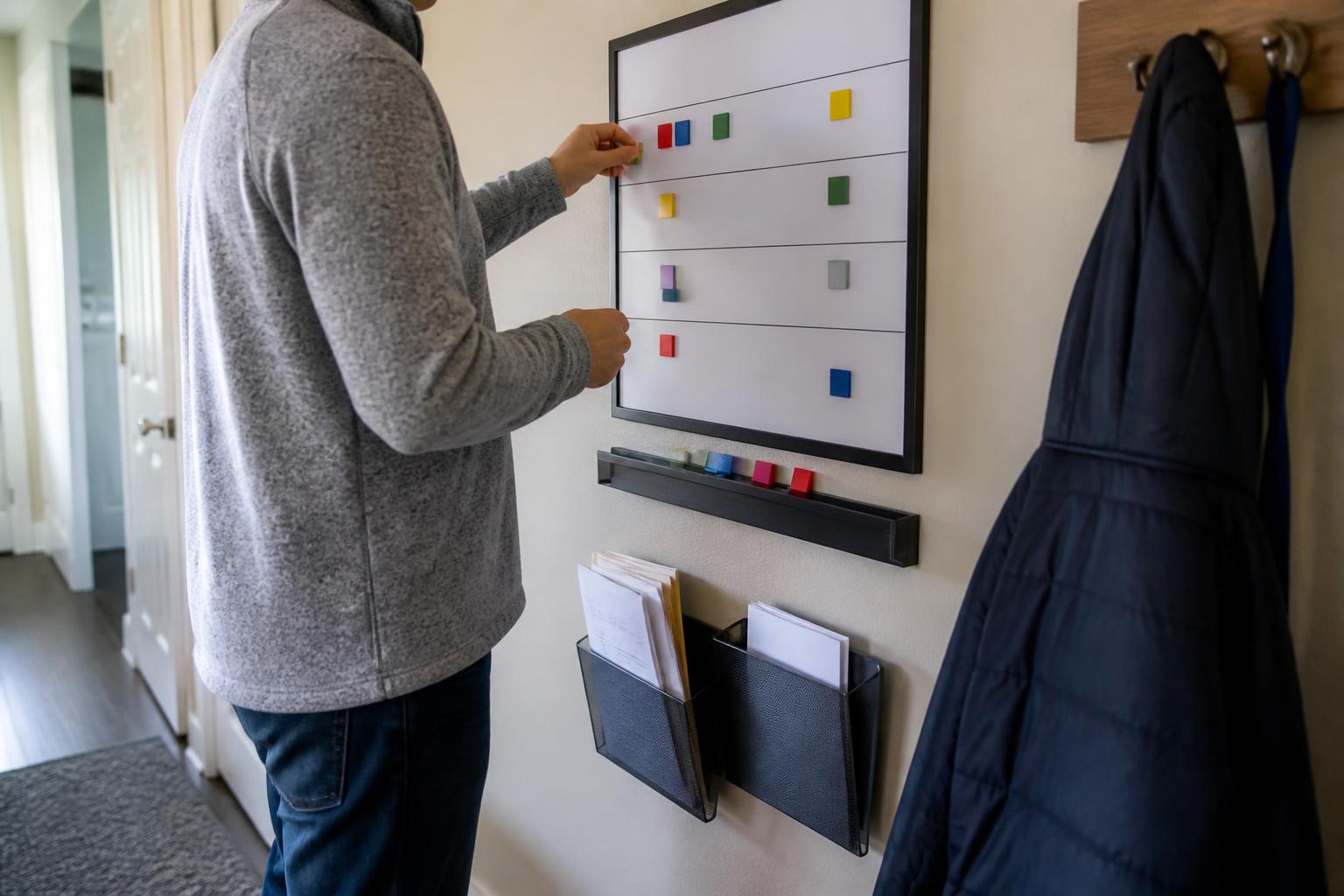 A person moving blank budget magnets on a hallway command center.