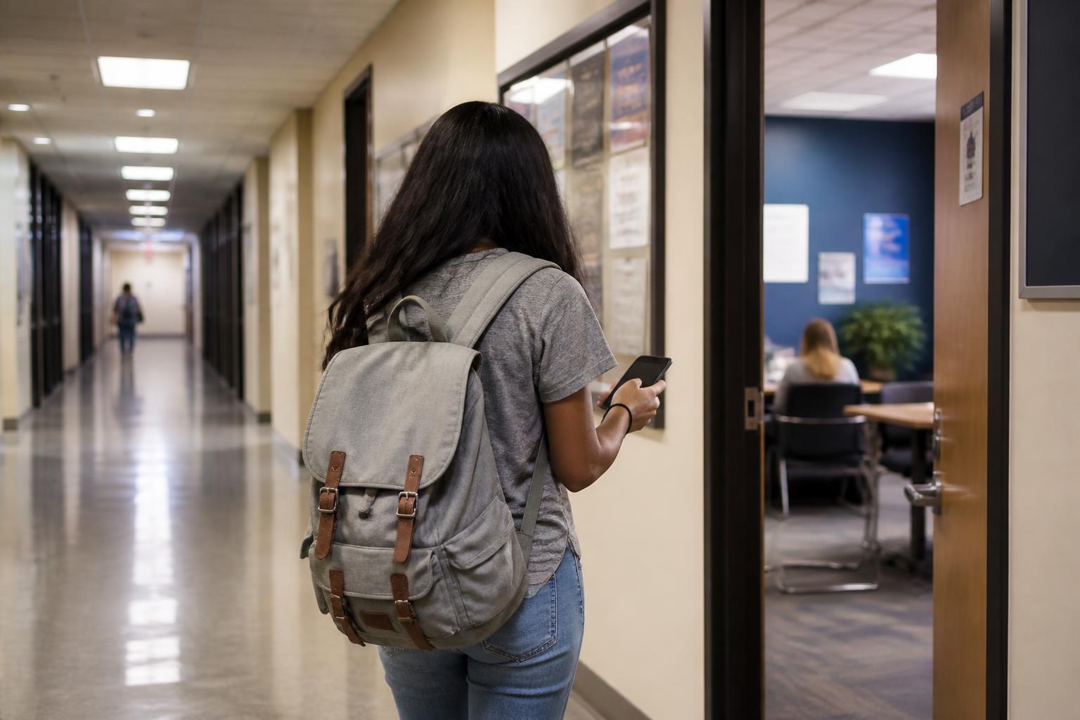 A borrower walking toward a campus advising office with a phone reminder.