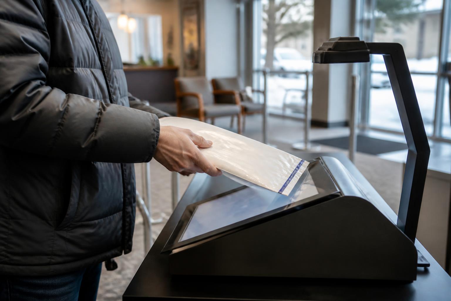 A taxpayer scanning a sealed records pouch at a tax-prep lobby station.