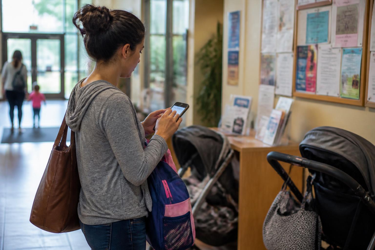 A parent adding a family reminder in a community-center lobby.
