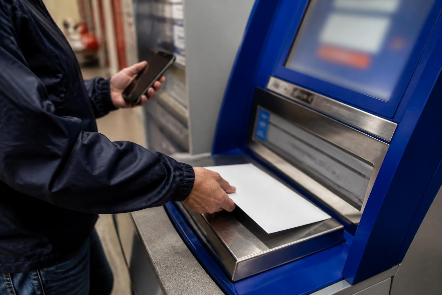 A taxpayer weighing a sealed envelope at a post office kiosk.