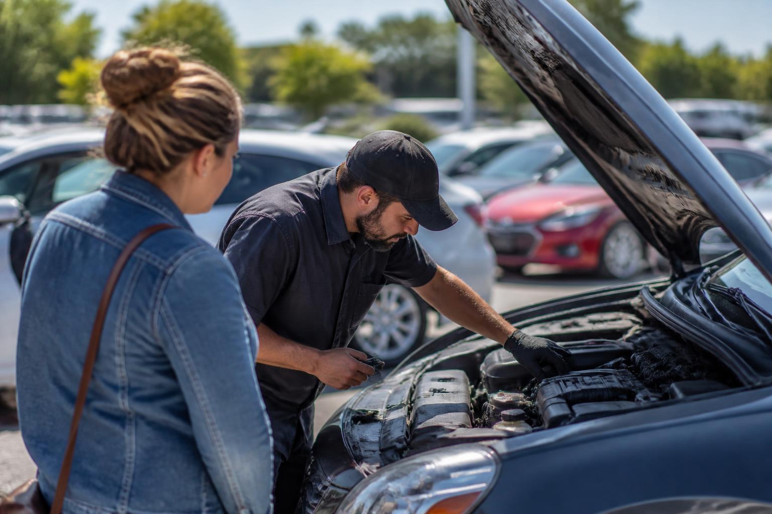 A buyer inspecting a used car engine before discussing loan terms.