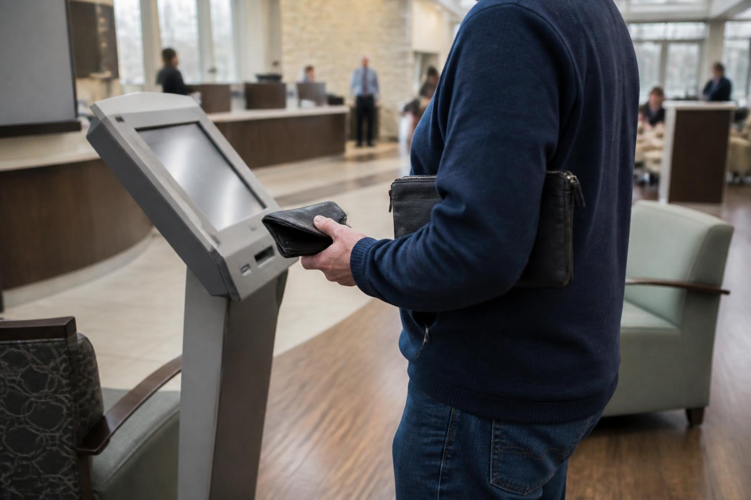A customer checking in at a bank lobby kiosk before a tax-payment conversation.