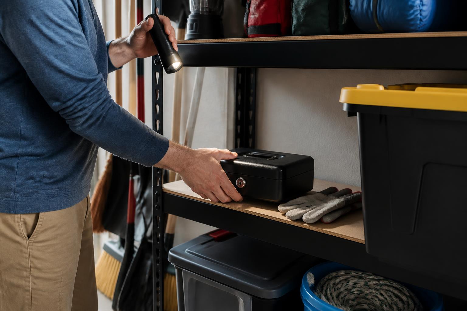 A homeowner testing a flashlight on an emergency shelf.