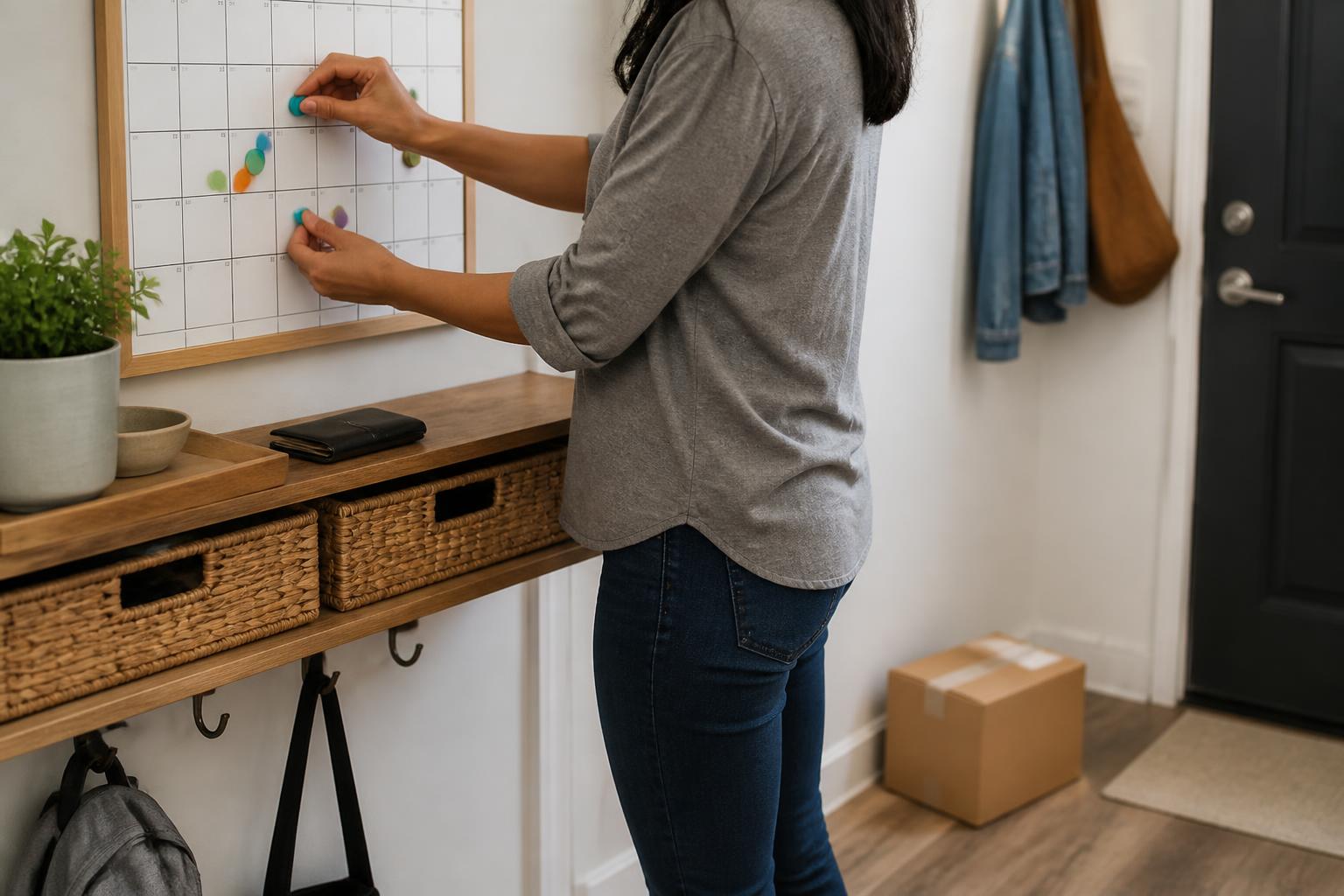 A person moving a blank calendar magnet near a plain delivery package.