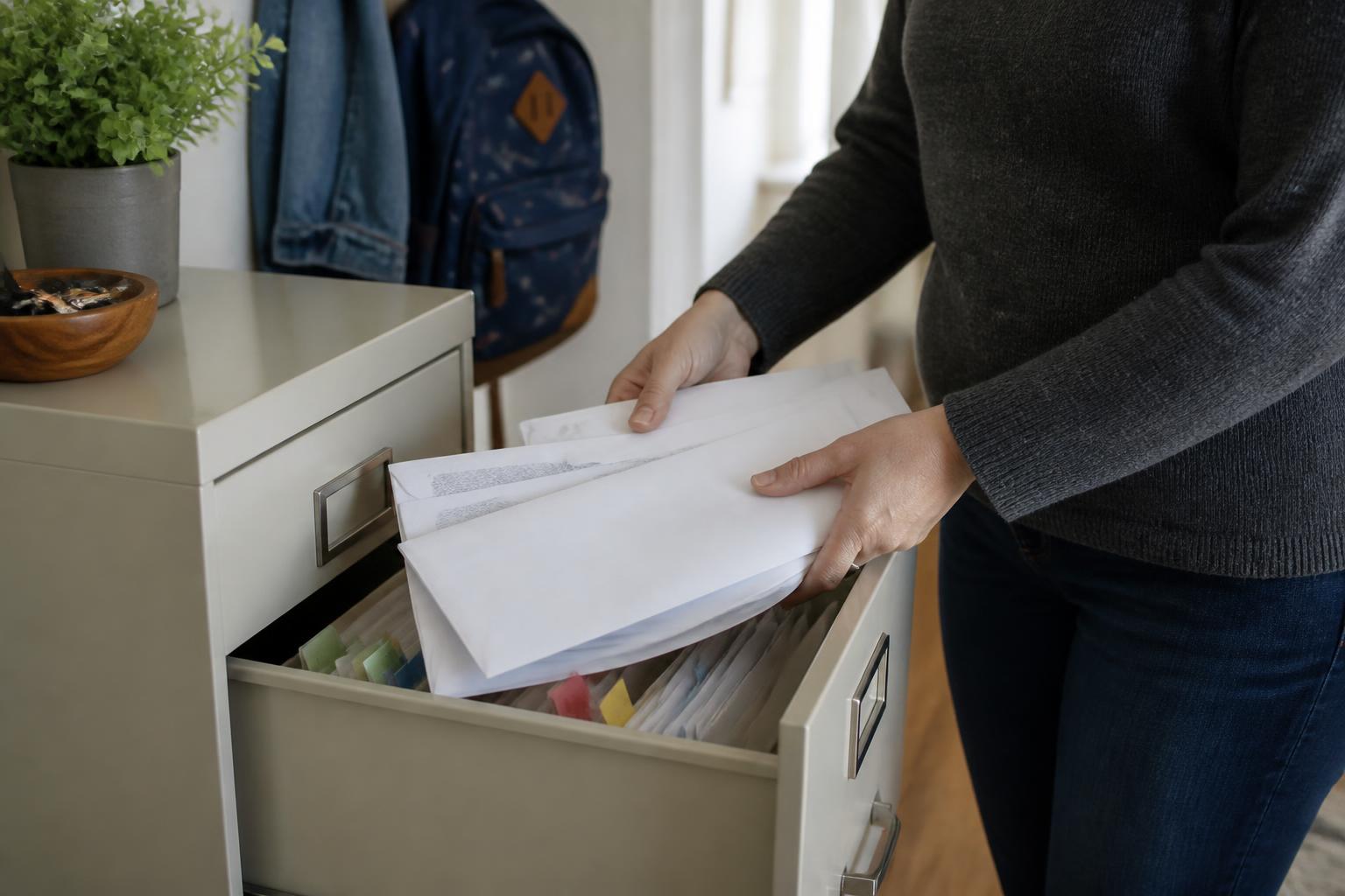 A parent filing sealed family letters in a home file drawer.